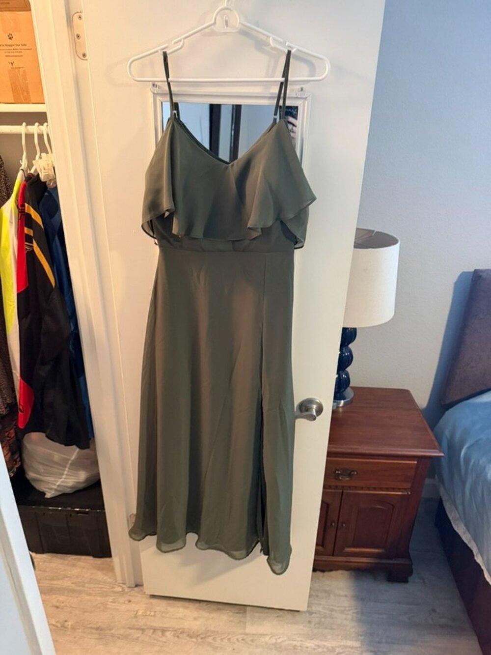 Birdy Grey Olive Green Ruffle Midi Dress Size M